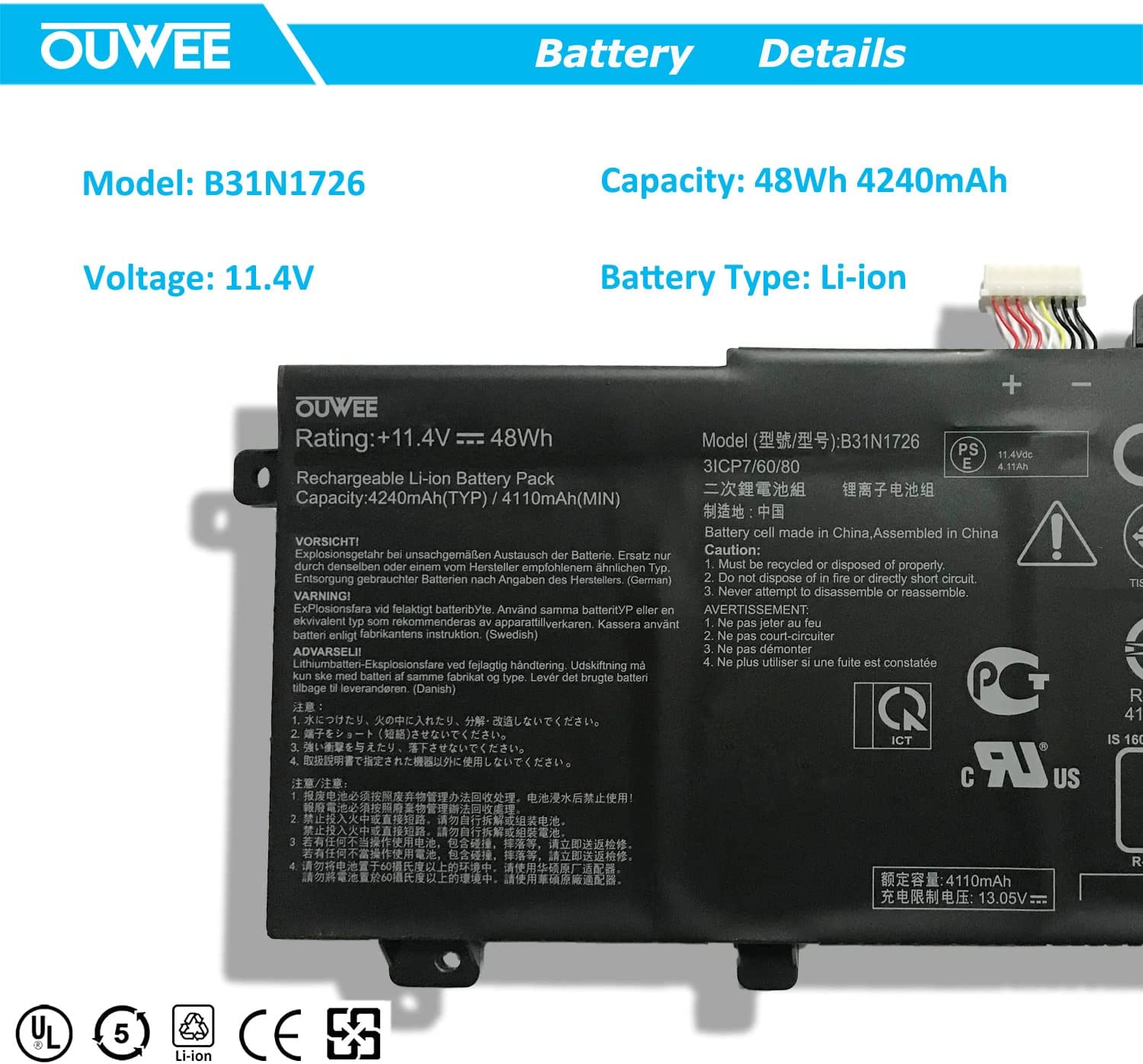 OUWEE B31N1726 Laptop Battery Compatible with Asus FX80 FX86 TUF FX504 FX504GE 48Wh(Shape-A) new - Image 2