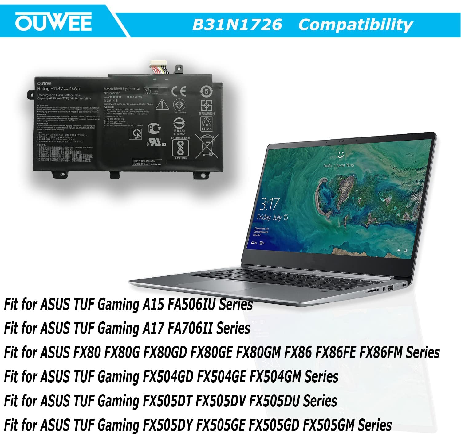 OUWEE B31N1726 Laptop Battery Compatible with Asus FX80 FX86 TUF FX504 FX504GE 48Wh(Shape-A) new - Image 7